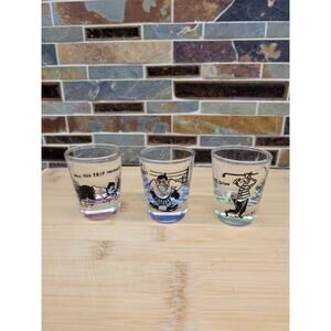 3 Vintage Shot Glasses Comic Sports Themed Humorous , Tinted Base